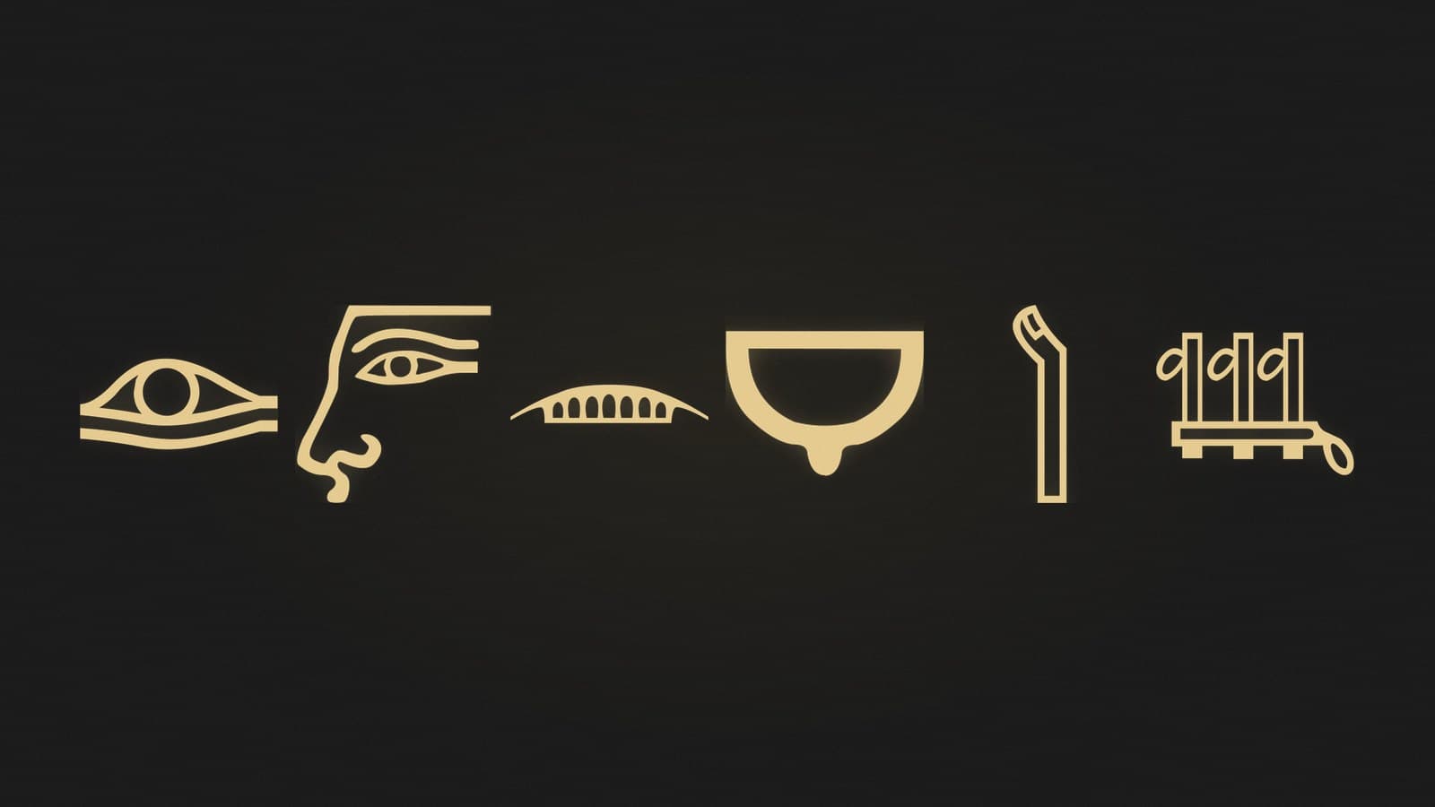 Six Egyptian hieroglyphs of a painted eye, a face in profile, a lip with teeth, a breast, a finger and toes, rendered in gold
