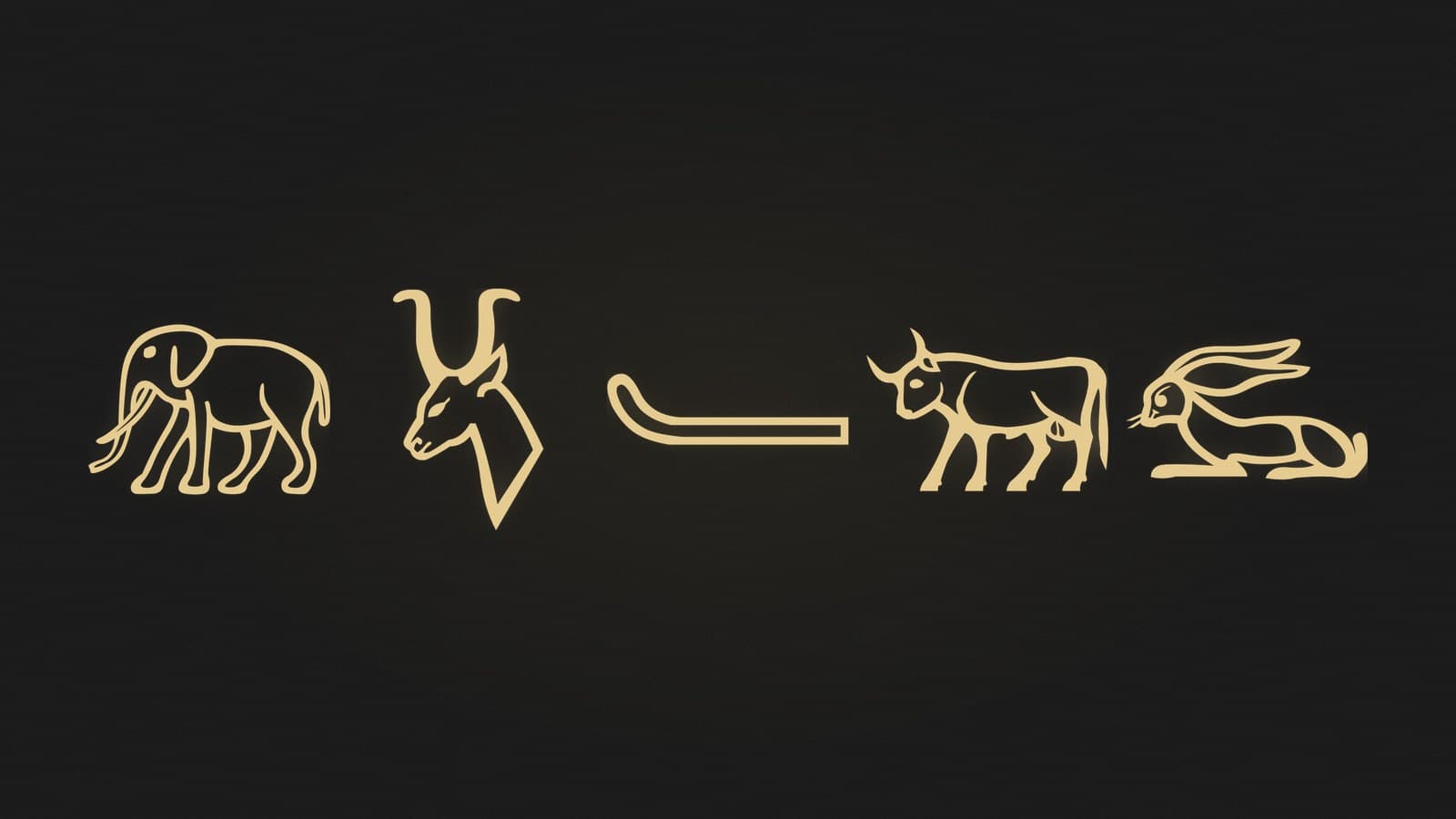 Five Egyptian hieroglyphs of an elephant, a hartebeest head, an elephant tusk, a charging bull and a desert hare, rendered in gold