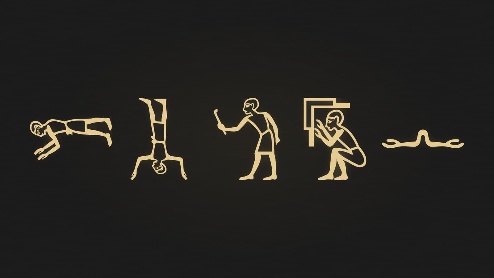 Five Egyptian hieroglyphs of a falling man, a man upside down, a man striking backward, a man hiding behind a wall, and arms spread in refusal, rendered in gold