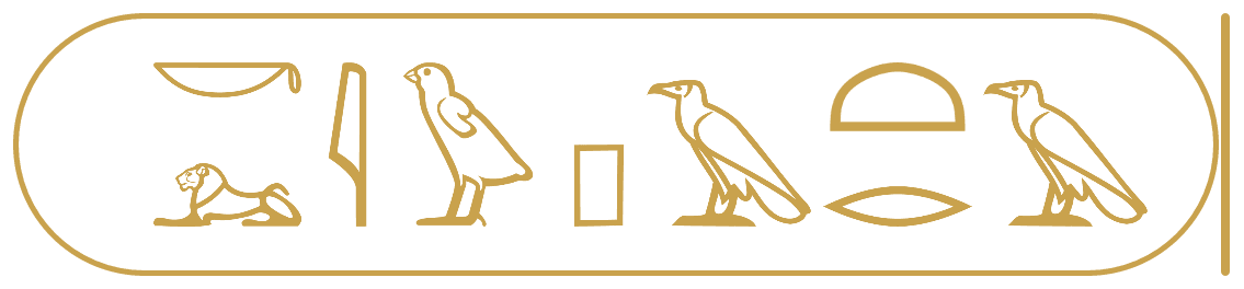 CLEOPATRA spelled in gold Egyptian hieroglyphs inside a royal cartouche