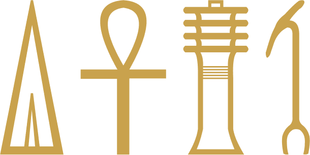 Four hieroglyphs: a triangular loaf, the ankh, the djed pillar and the was sceptre