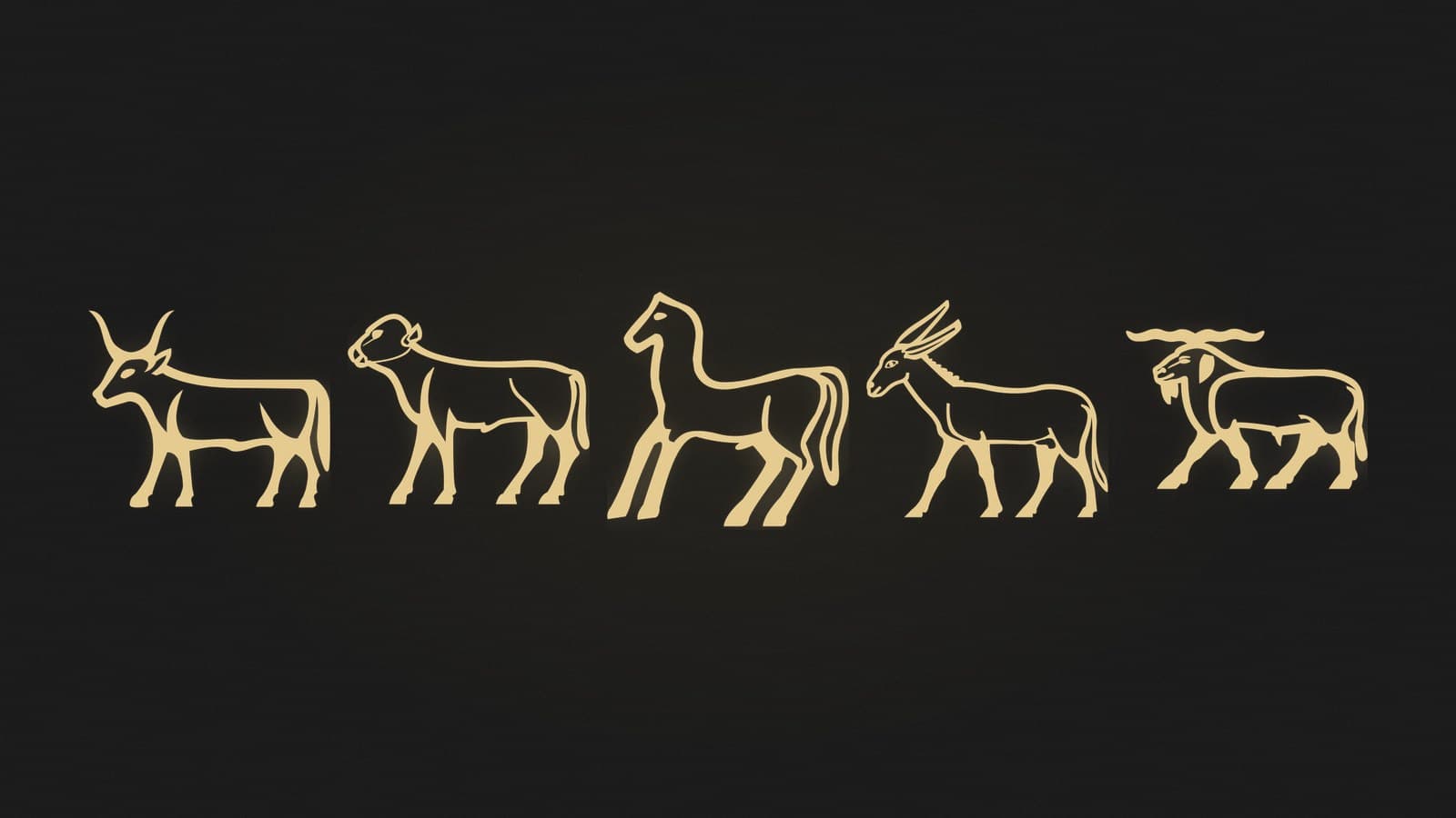 Five Egyptian hieroglyphs of animals including a bull, a calf and a ram, rendered in gold