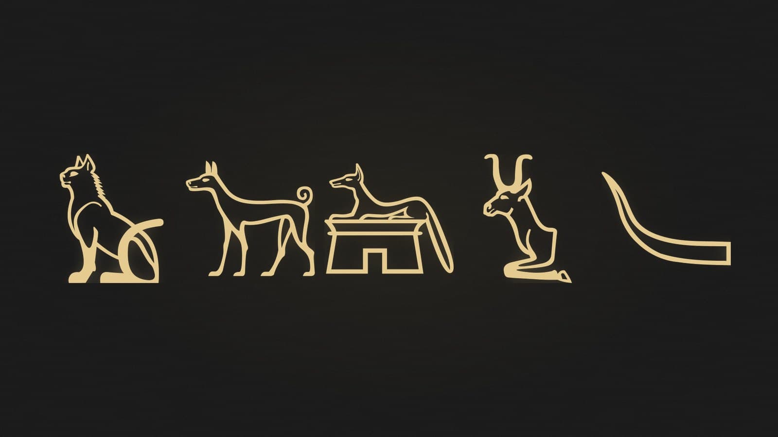Five Egyptian hieroglyphs of a seated cat, a hound, a jackal lying on a shrine, the forequarters of a horned animal and a single horn, rendered in gold