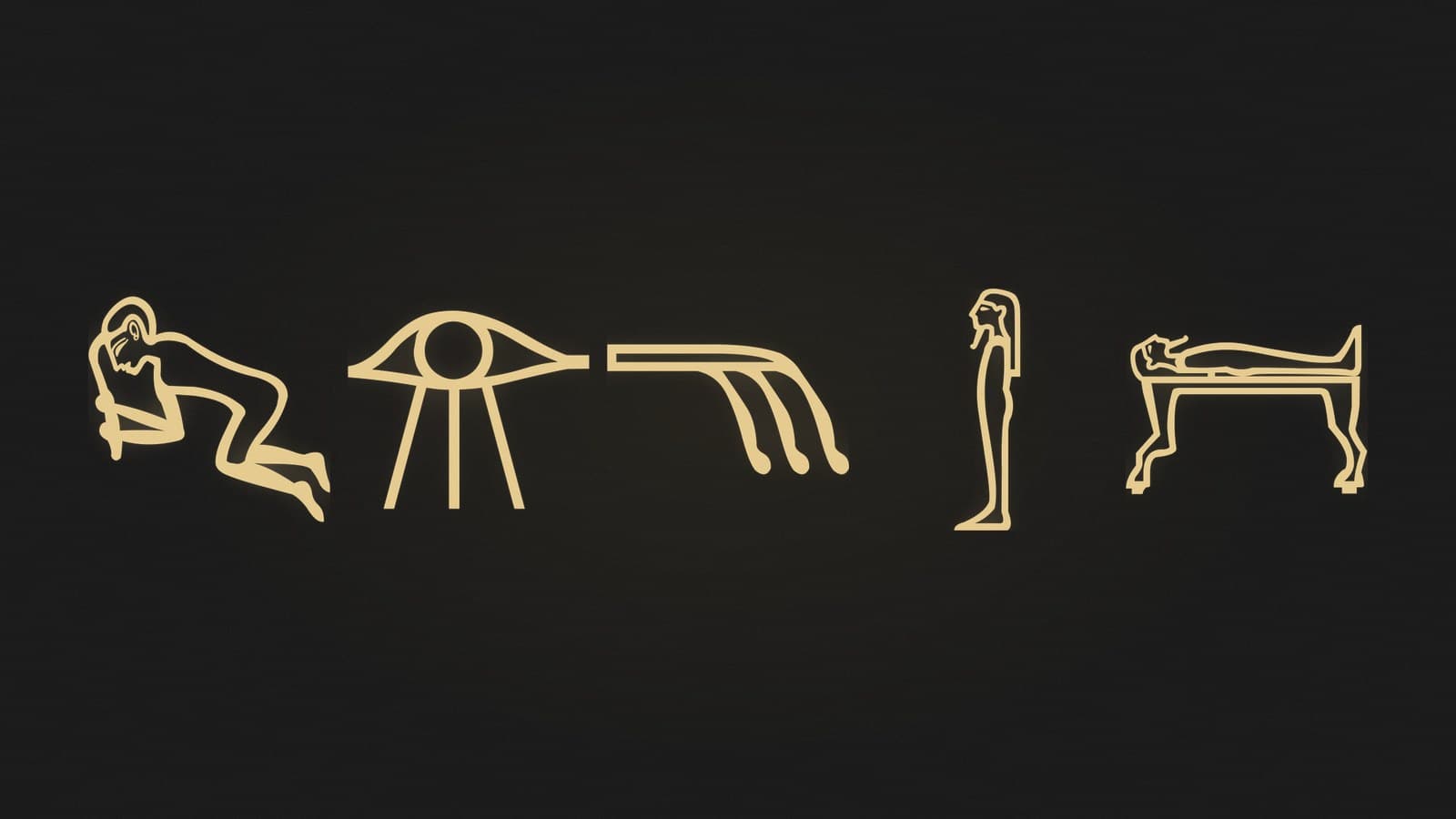 Five Egyptian hieroglyphs of a fallen man, a weeping eye, a lock of hair and two mummies, rendered in gold