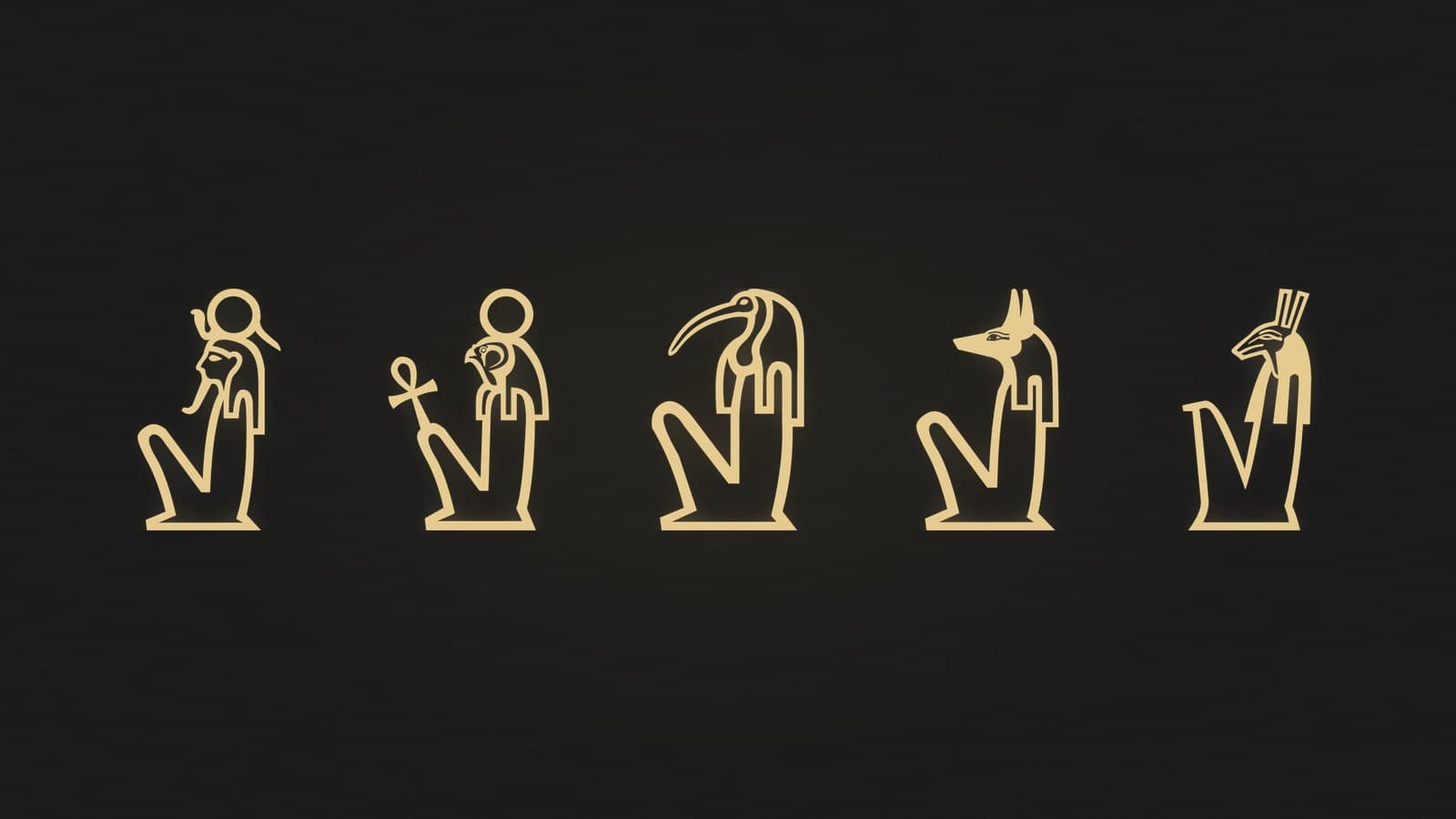 Five Egyptian hieroglyphs of seated and animal-headed deities, rendered in gold