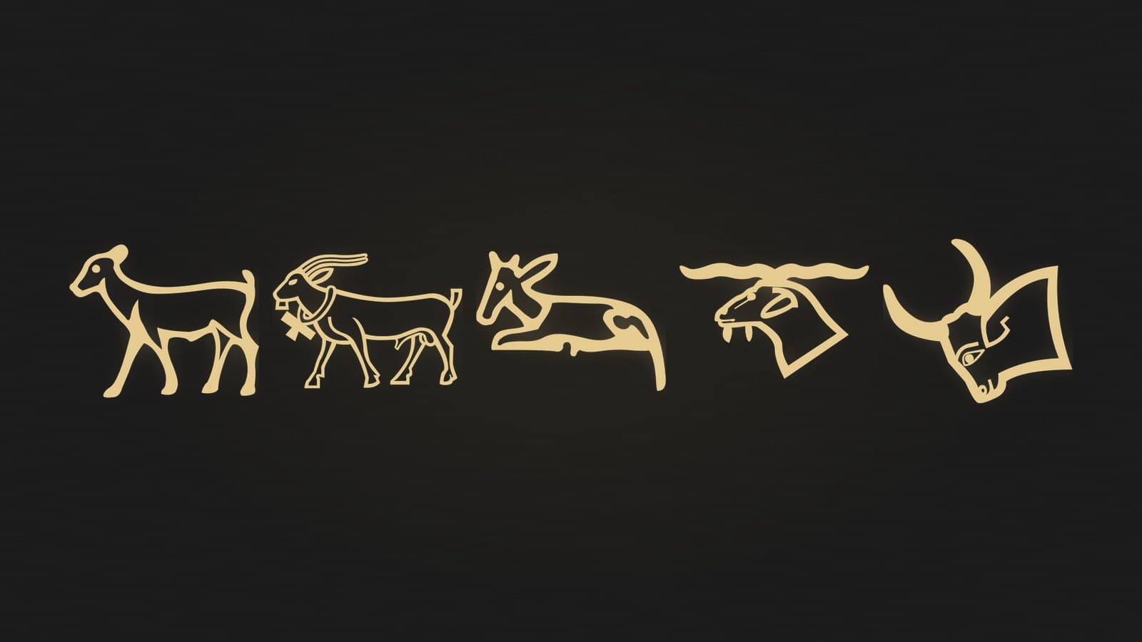 Five Egyptian hieroglyphs of a kid goat, a collared goat, a newborn calf, a ram's head and an ox head, rendered in gold