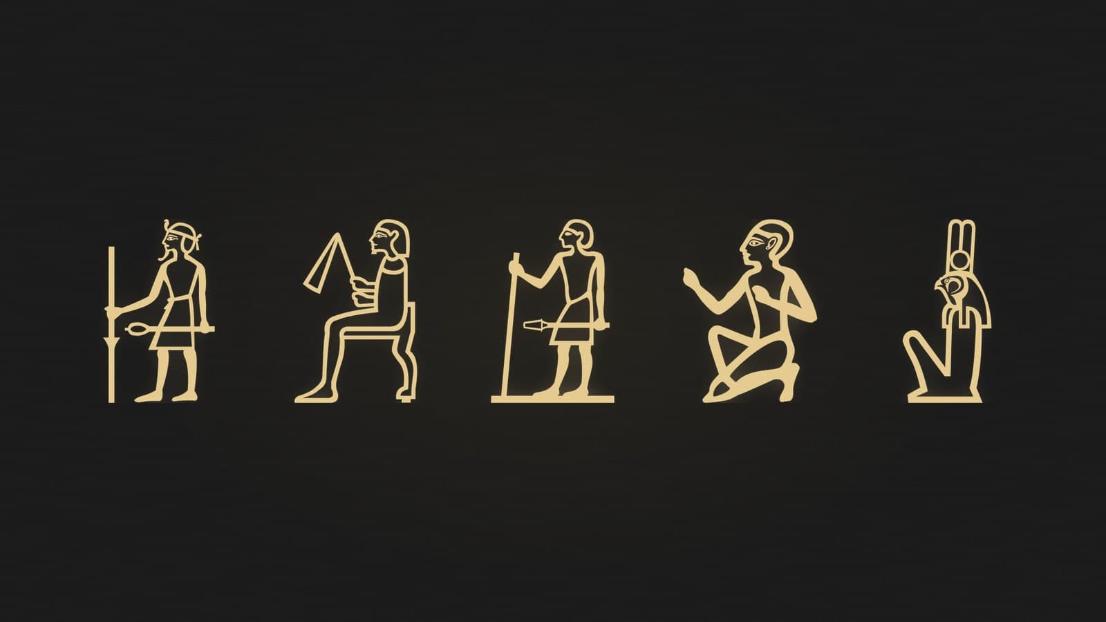 Five Egyptian hieroglyphs of a king with a staff, a noble seated on a chair, a statue on a plinth, a man sitting on his heels and a falcon-headed god, rendered in gold