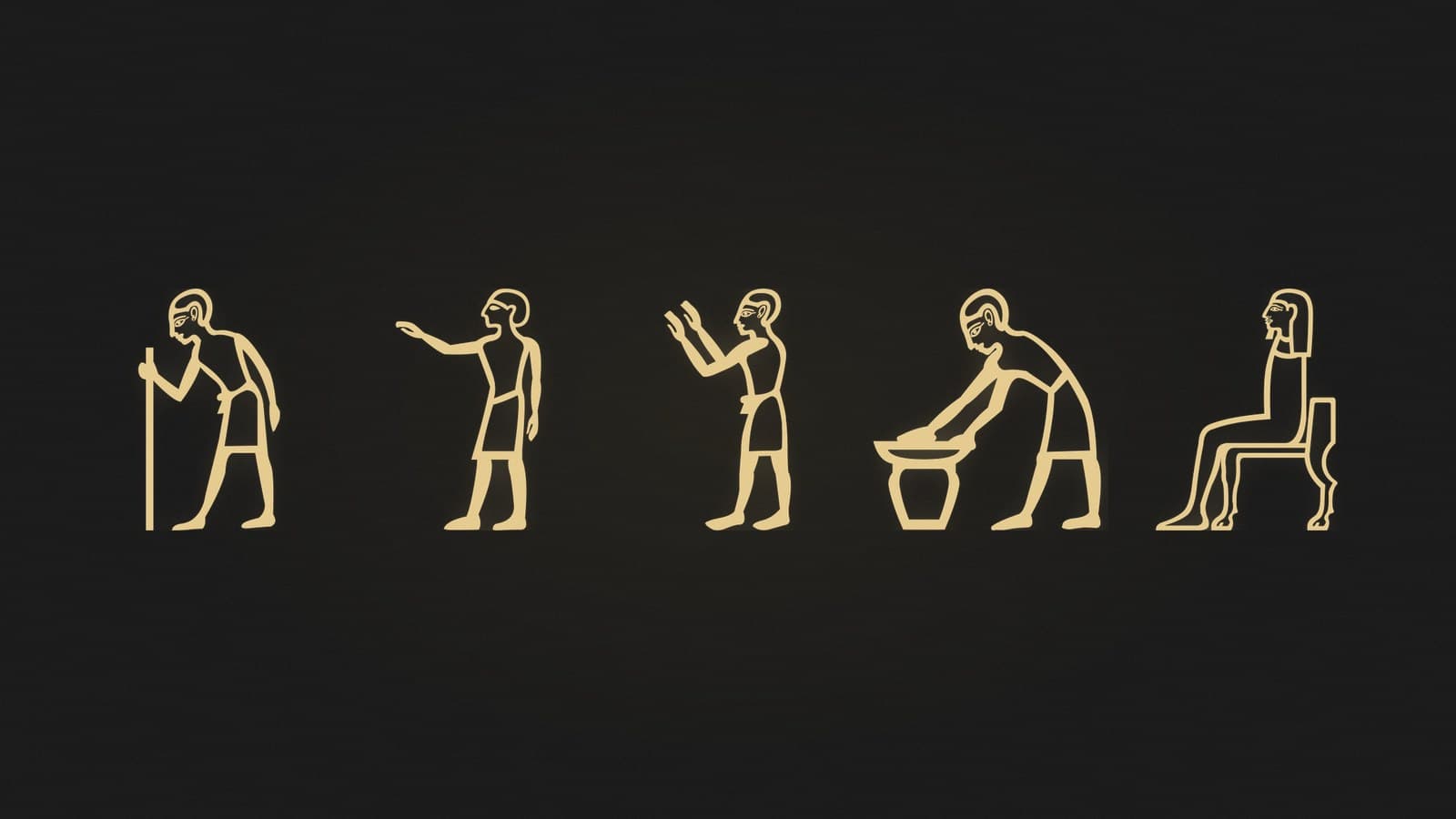 Five Egyptian hieroglyphs of an old man with a staff, a man calling, a man in prayer, a brewer and a seated noble, rendered in gold