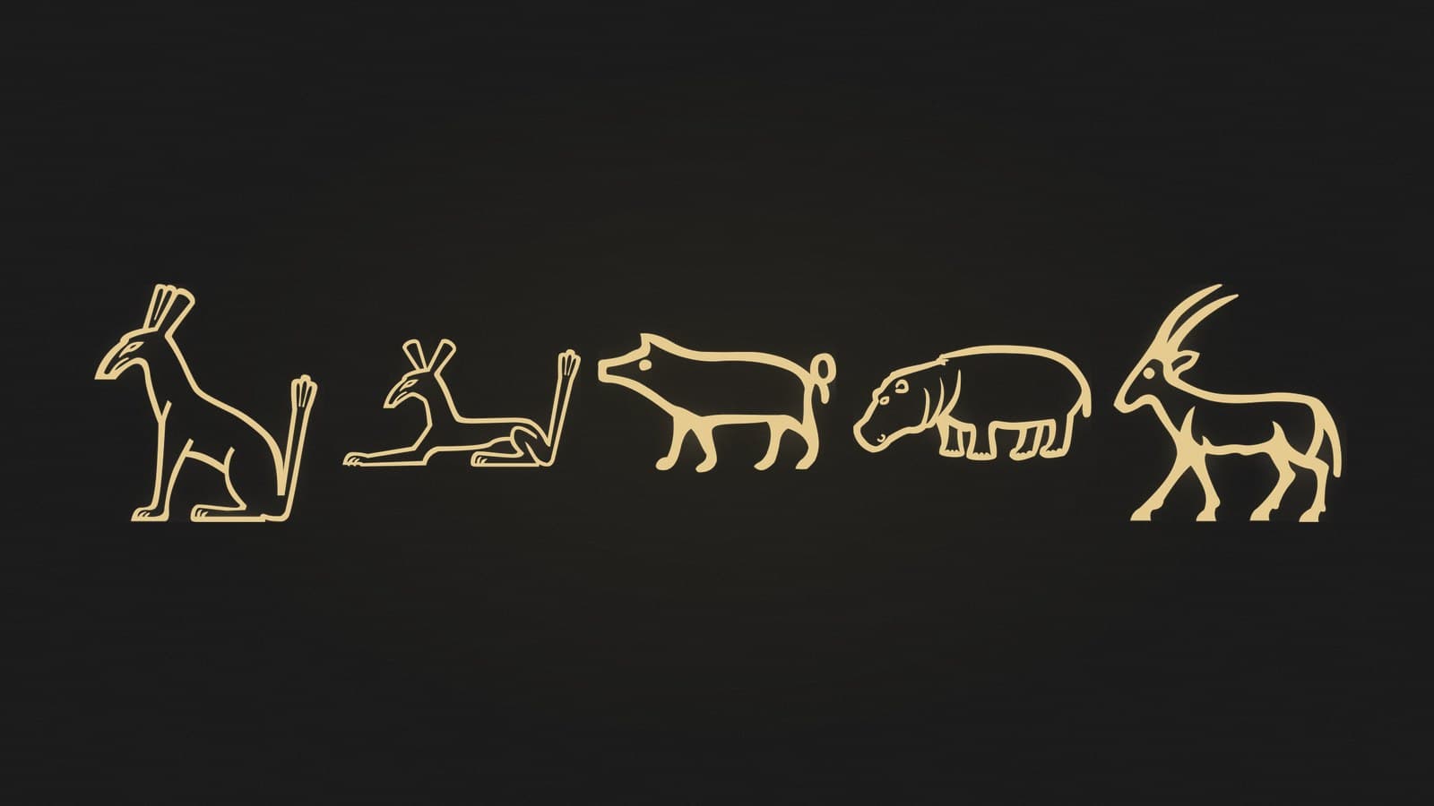Five Egyptian hieroglyphs of the Seth animal seated and lying, a pig, a hippopotamus and an oryx, rendered in gold