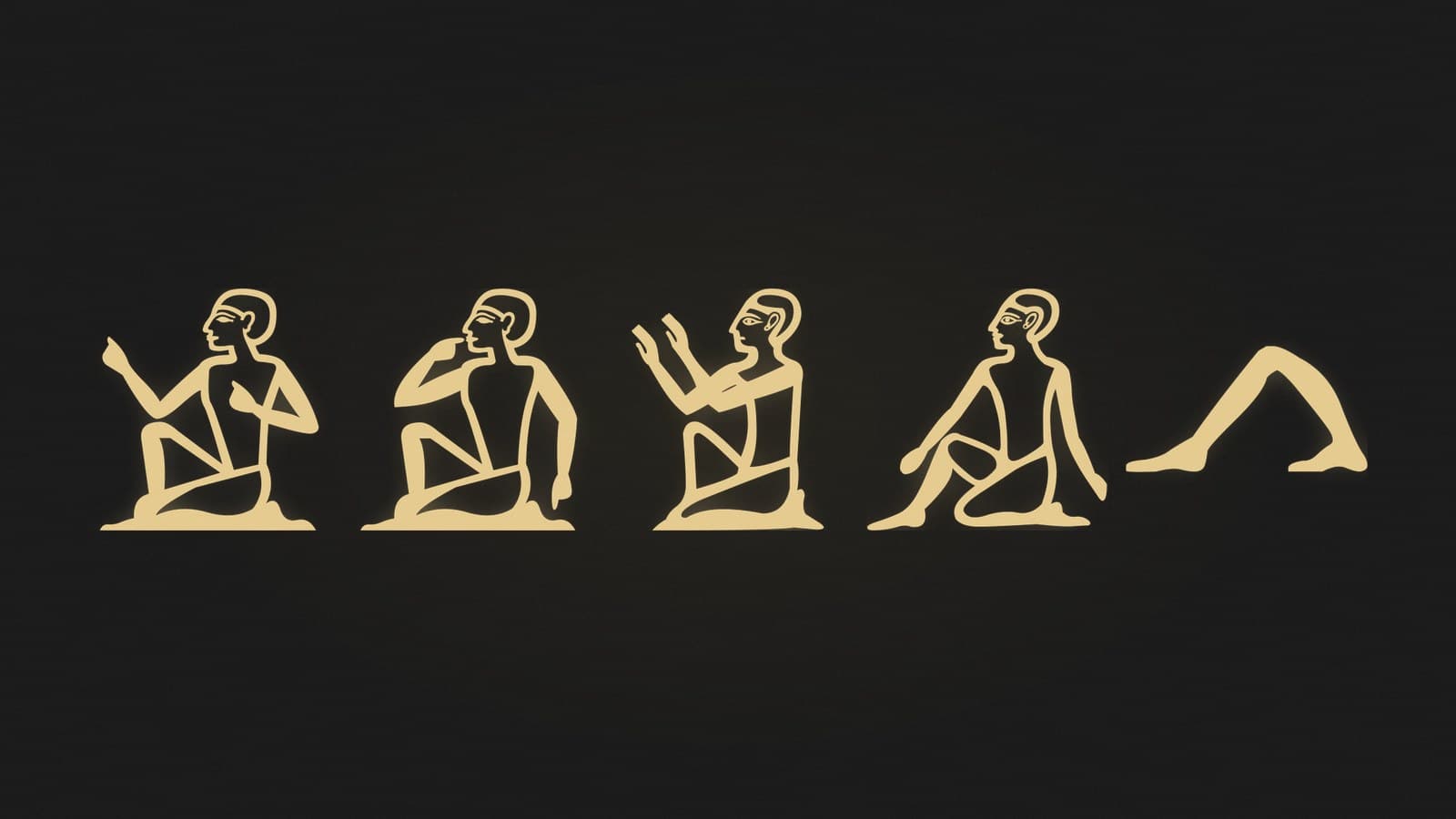 Five Egyptian determinative signs showing human figures and walking legs, rendered in gold