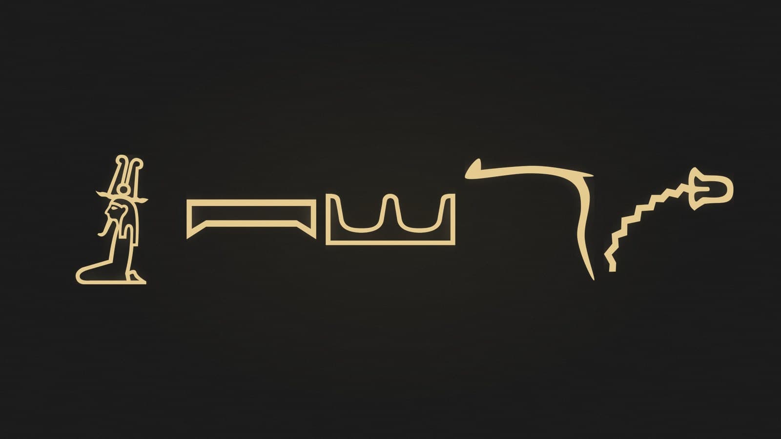 Five Egyptian hieroglyphs of a kneeling god, the sky, desert hills, a tongue and lips with liquid, rendered in gold