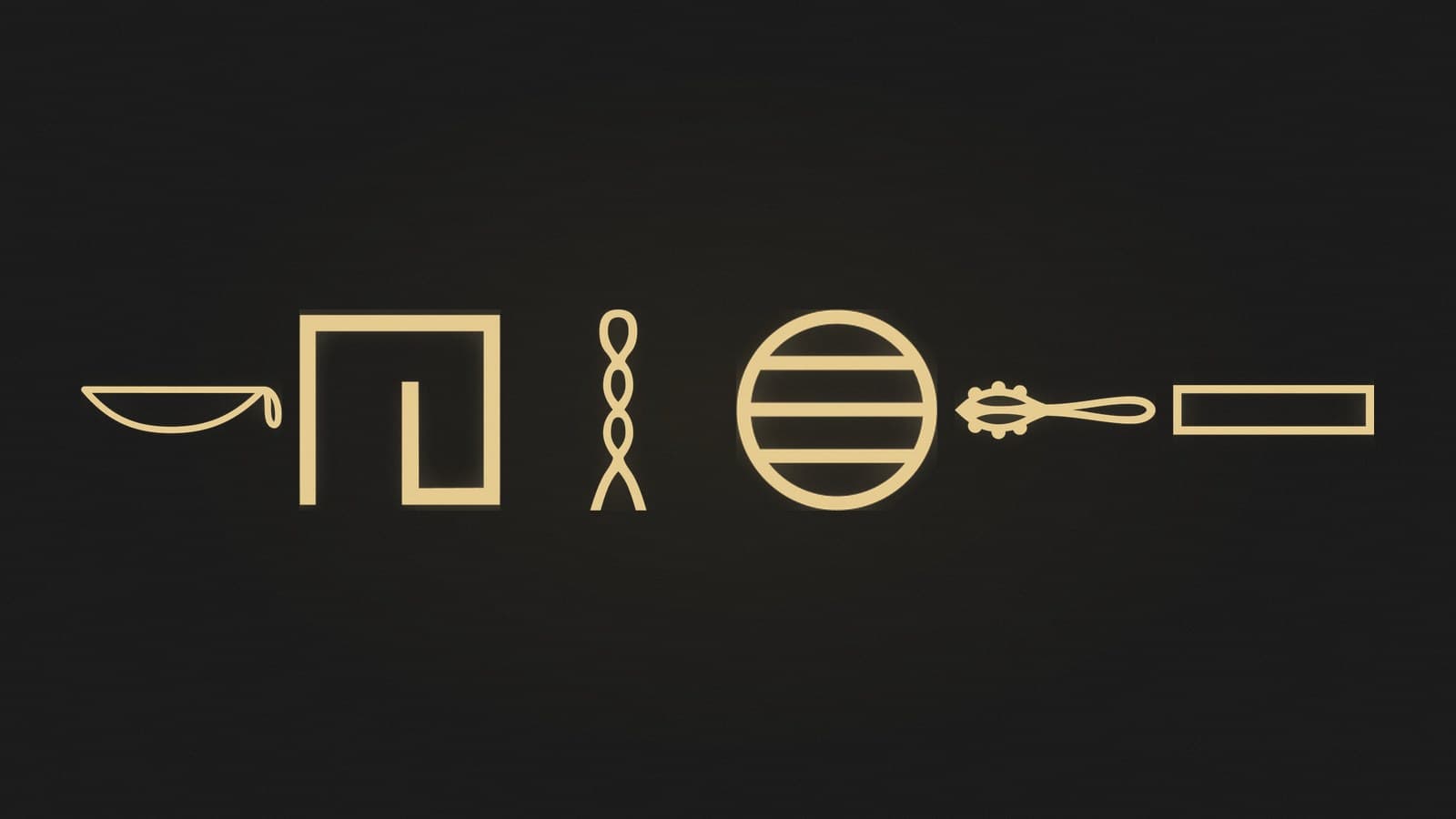 Six Egyptian hieroglyphs writing consonants that English does not have, rendered in gold