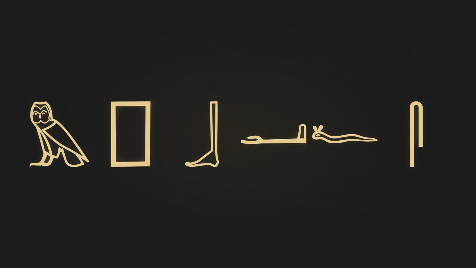 Six Egyptian hieroglyphs that each write a single consonant, rendered in gold