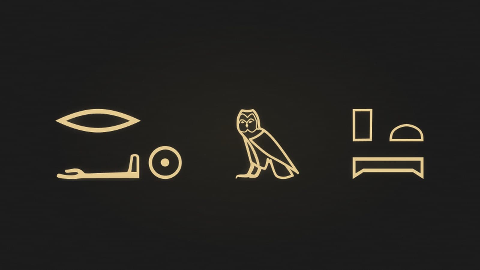 The Egyptian sentence the sun is in the sky written in hieroglyphs, rendered in gold