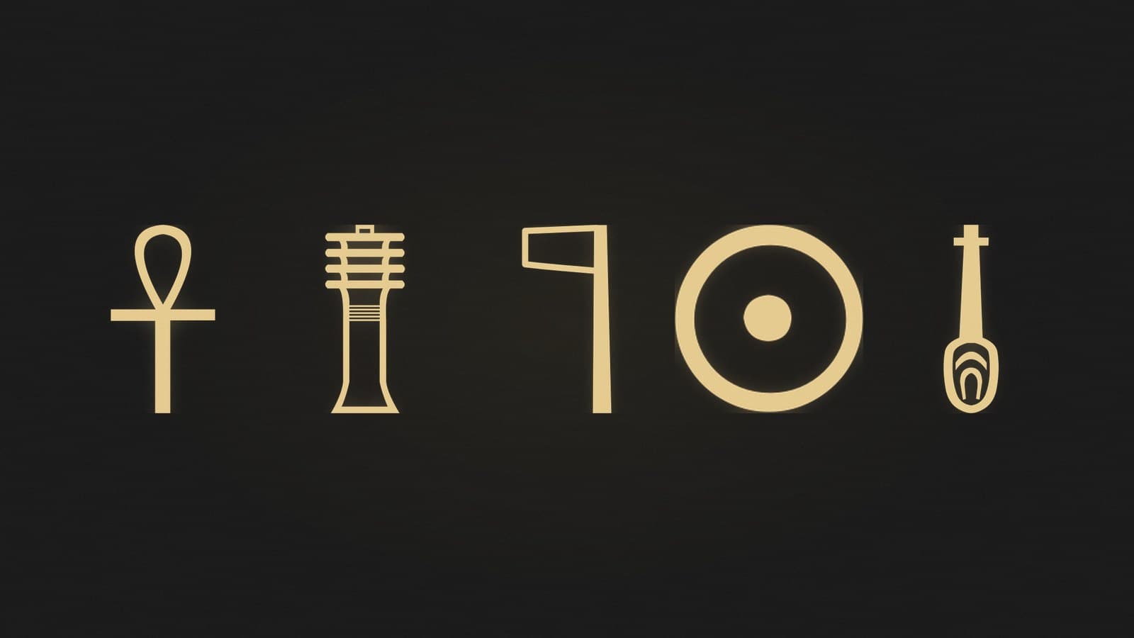 Five Egyptian hieroglyphs including the ankh, the djed pillar, a divine standard, the sun disk and the heart and windpipe sign, rendered in gold