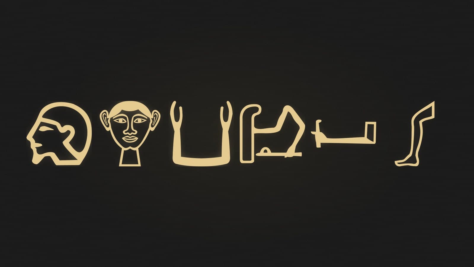 Six Egyptian hieroglyphs showing a head, a face, raised arms and a leg, rendered in gold