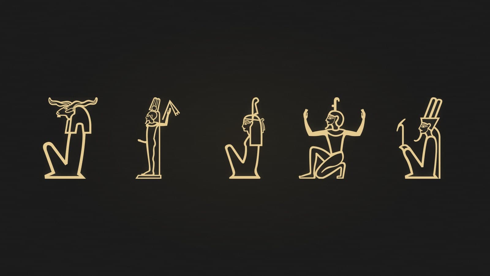 Five Egyptian hieroglyphs of deities including ram-headed and feather-crowned figures, rendered in gold