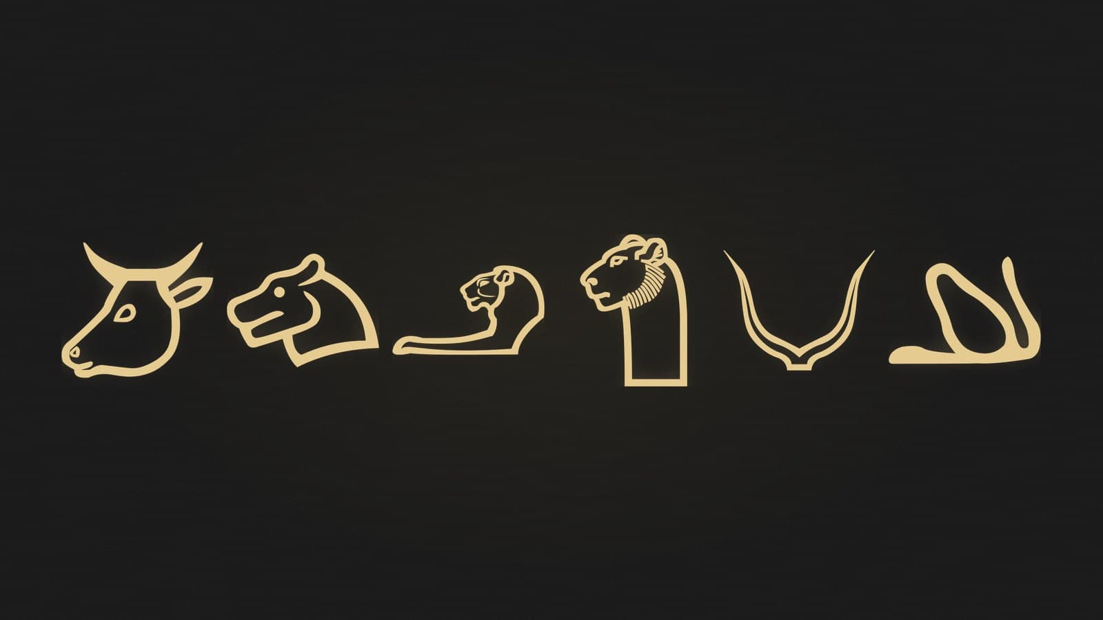 Six Egyptian hieroglyphs showing animal heads, horns and hindquarters, rendered in gold