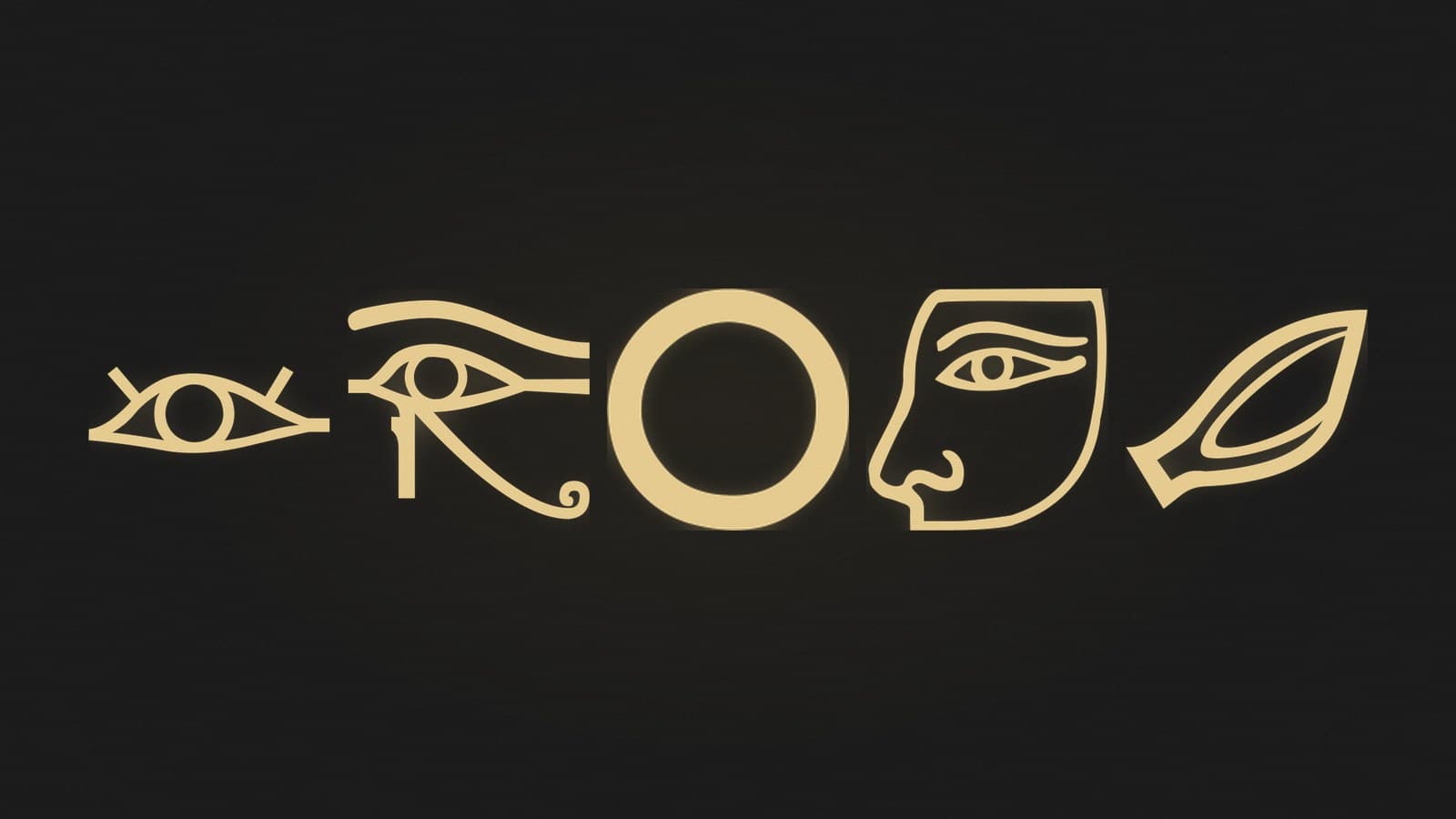 Five Egyptian hieroglyphs of eyes, a nose and an animal ear, rendered in gold