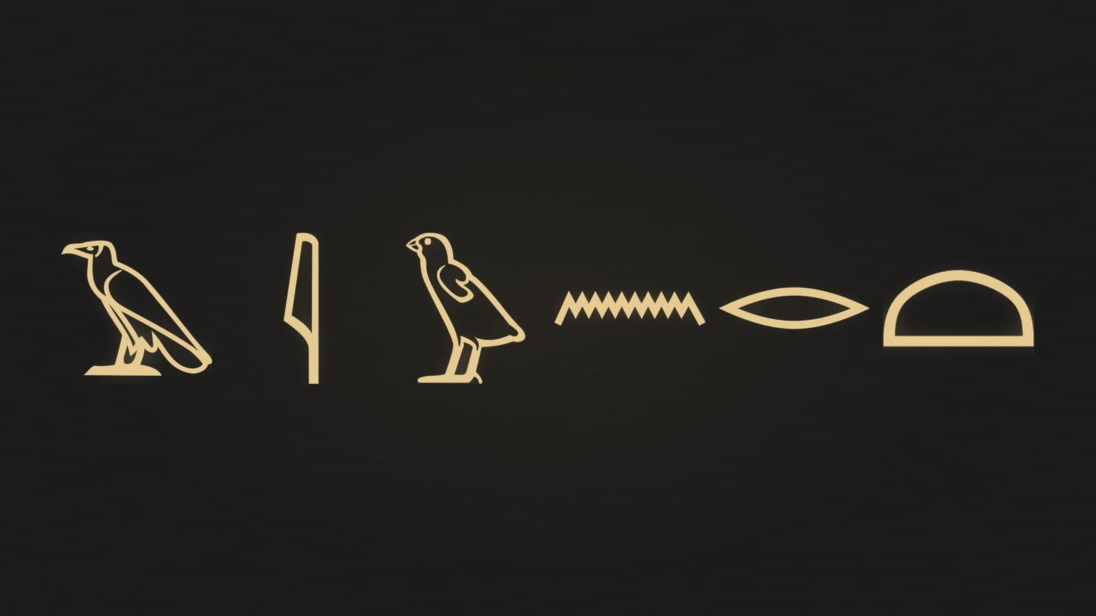 Six Egyptian hieroglyphs that each write a single consonant, among them a vulture, a reed, a quail chick and a water ripple, rendered in gold