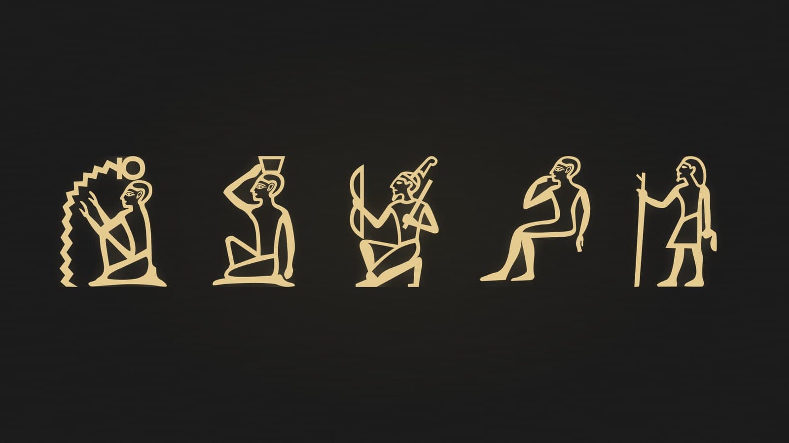 Five Egyptian hieroglyphs of human figures carrying, celebrating and holding a staff, rendered in gold