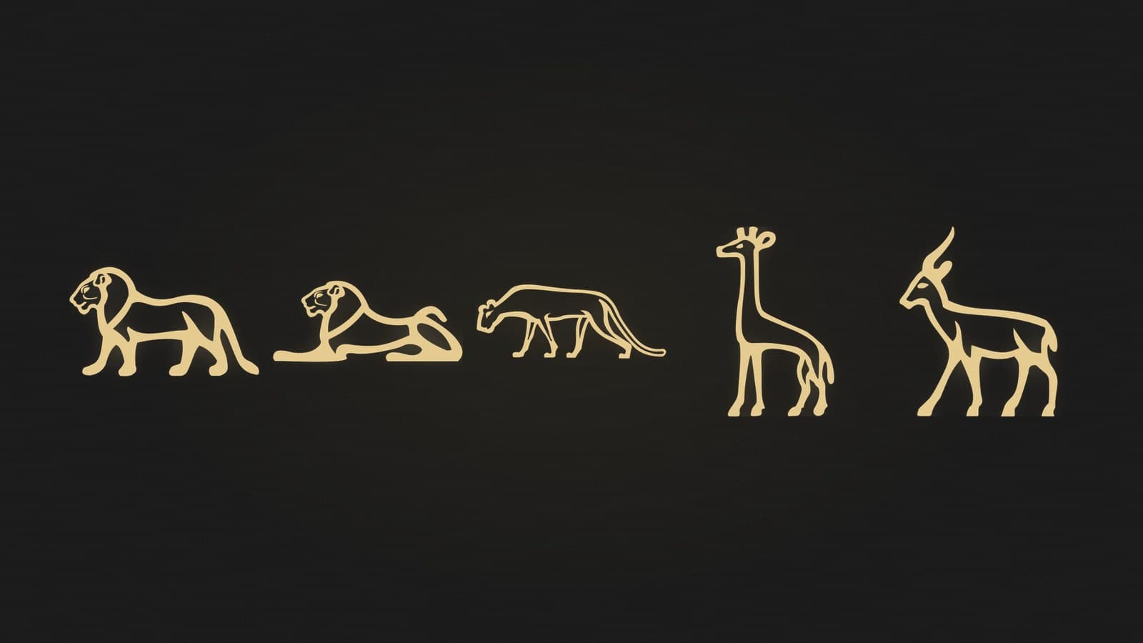 Five Egyptian hieroglyphs of a lion, a reclining lion, a leopard, a giraffe and a gazelle, rendered in gold