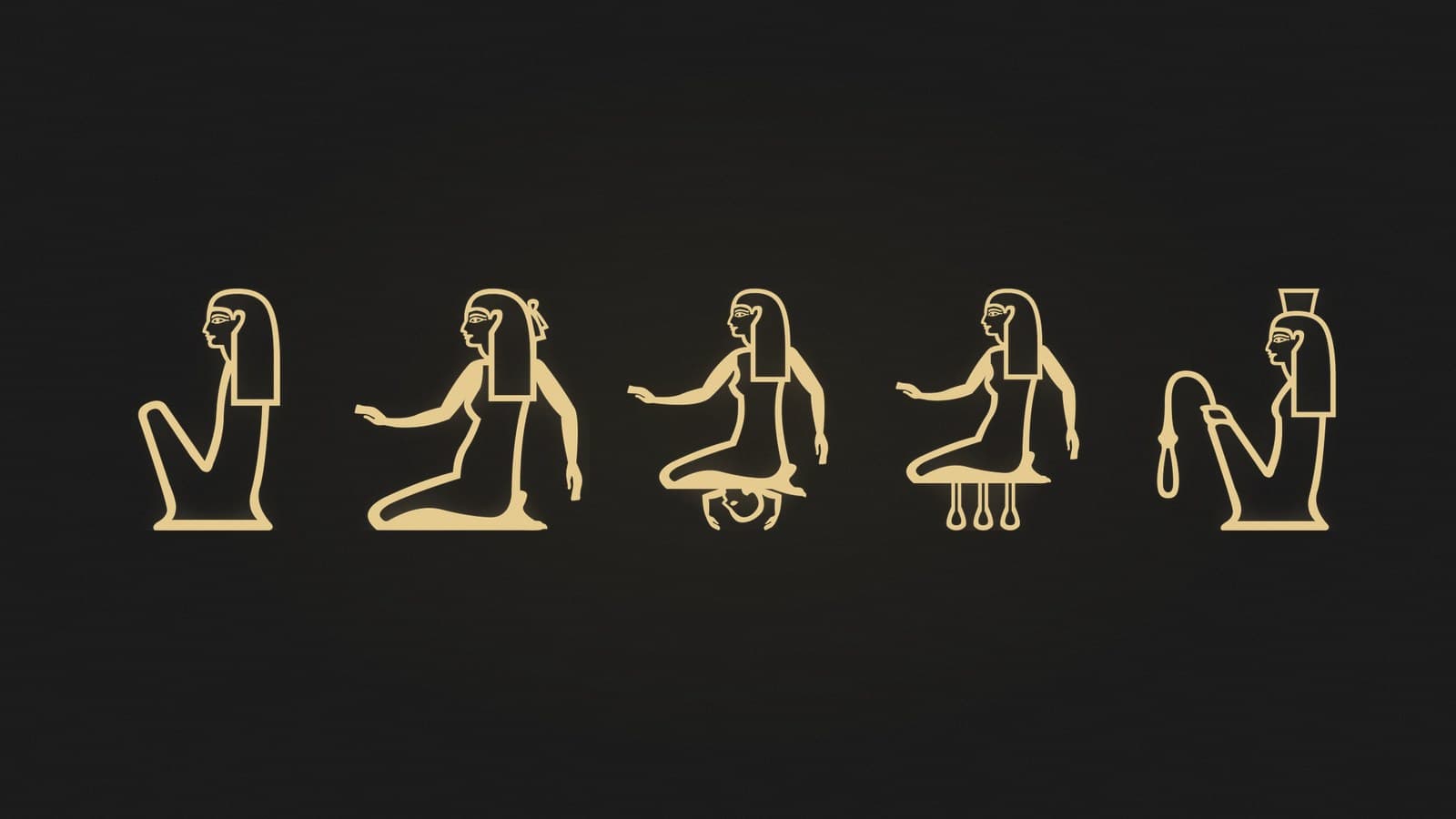 Five Egyptian hieroglyphs showing seated, pregnant, nursing and royal women, rendered in gold