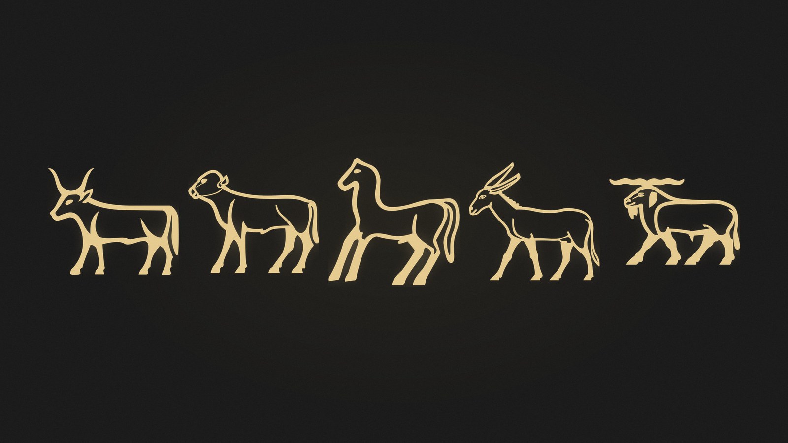 Five Egyptian hieroglyphs of animals including a bull, a calf and a ram, rendered in gold