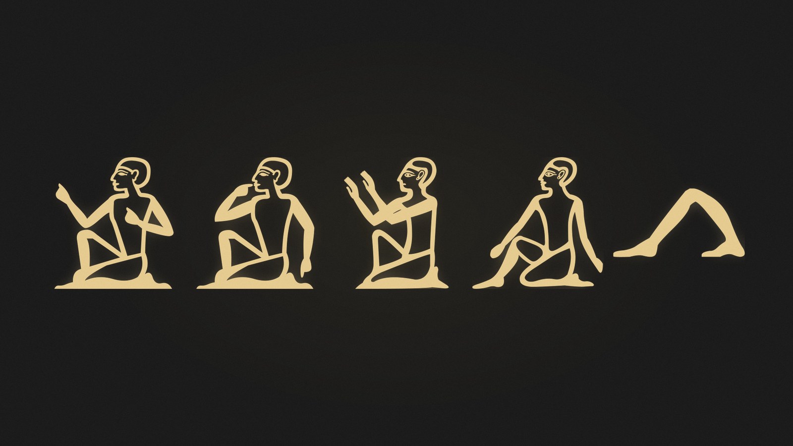Five Egyptian determinative signs showing human figures and walking legs, rendered in gold