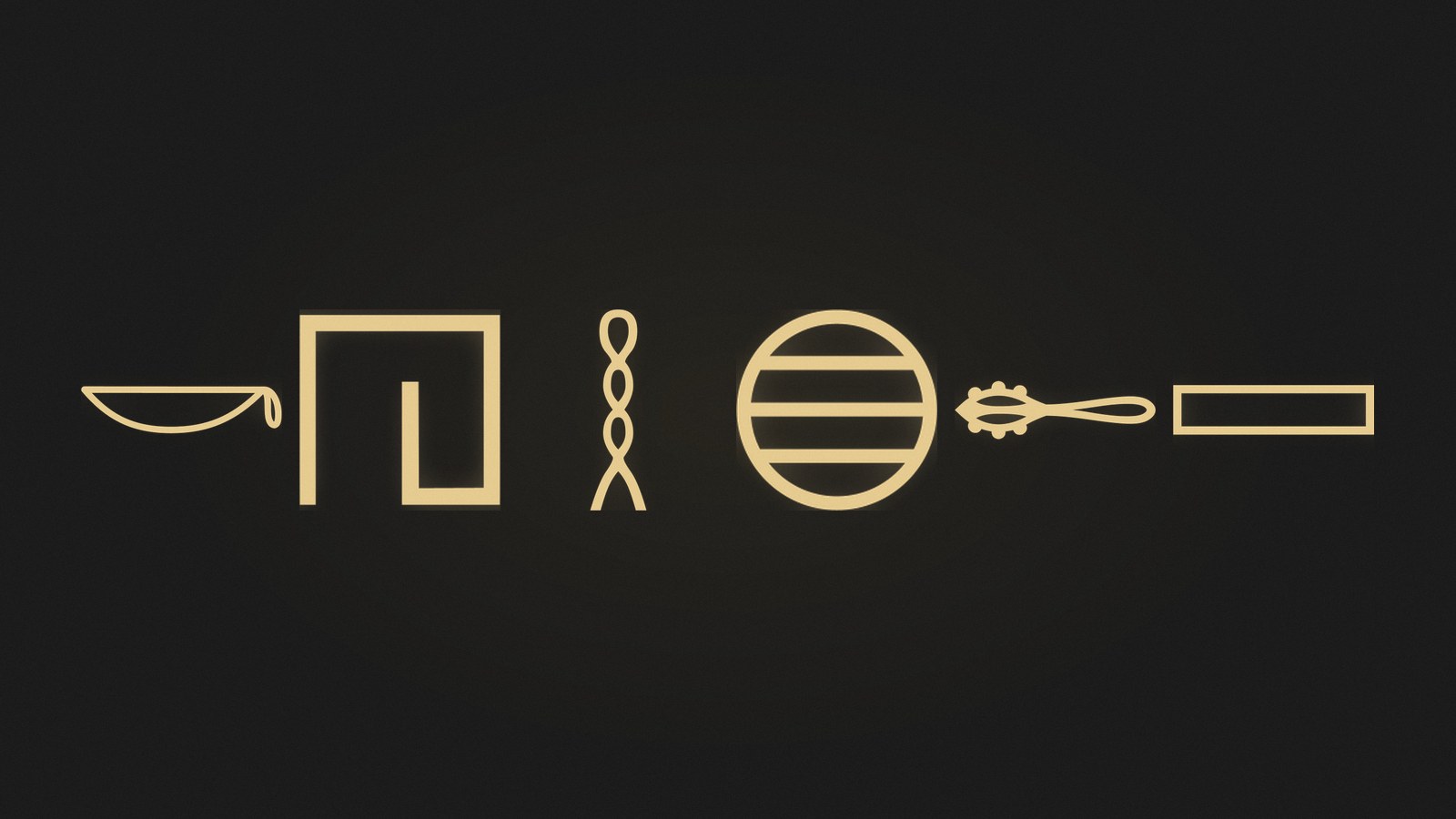 Six Egyptian hieroglyphs writing consonants that English does not have, rendered in gold