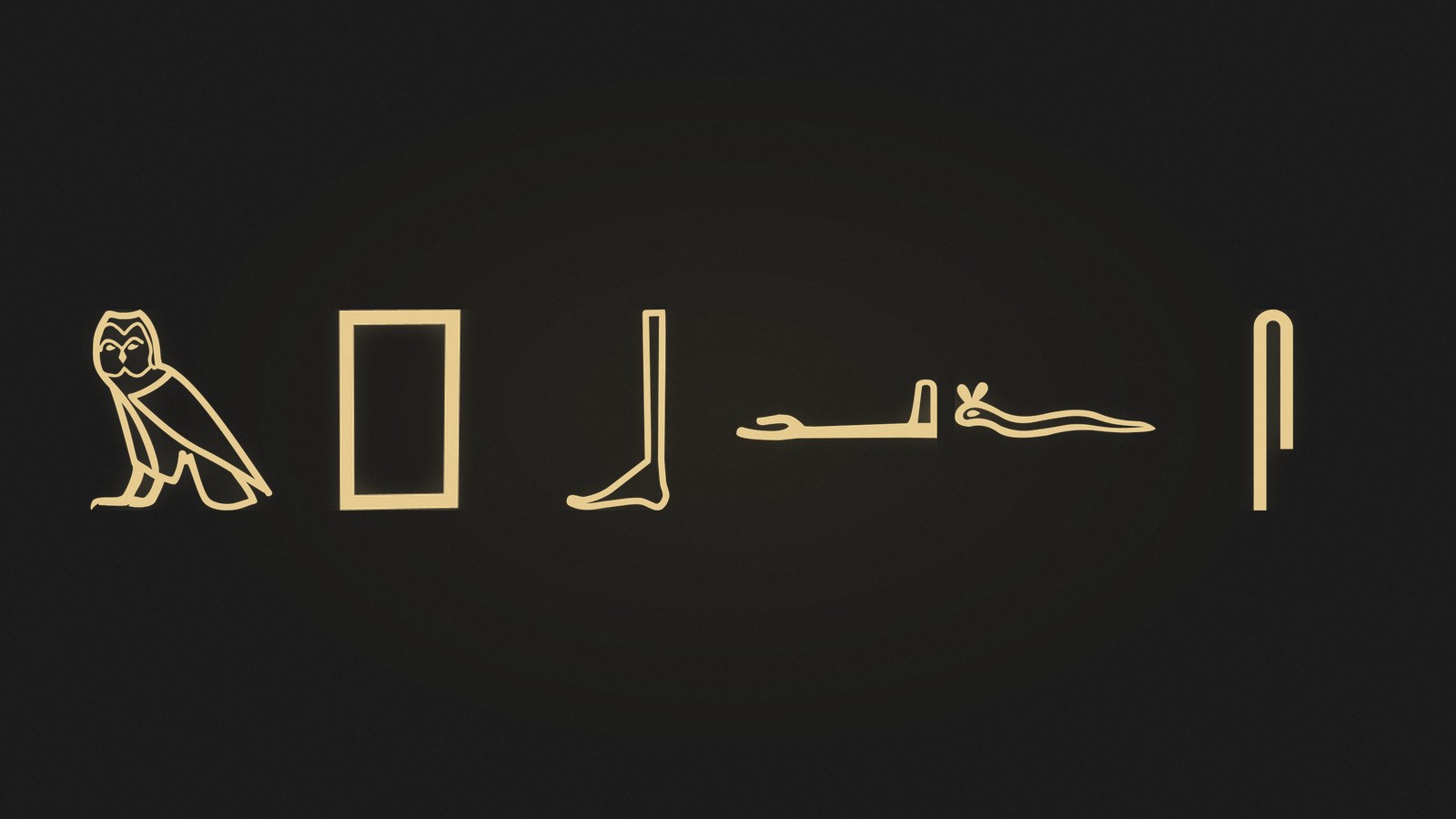 Six Egyptian hieroglyphs that each write a single consonant, rendered in gold
