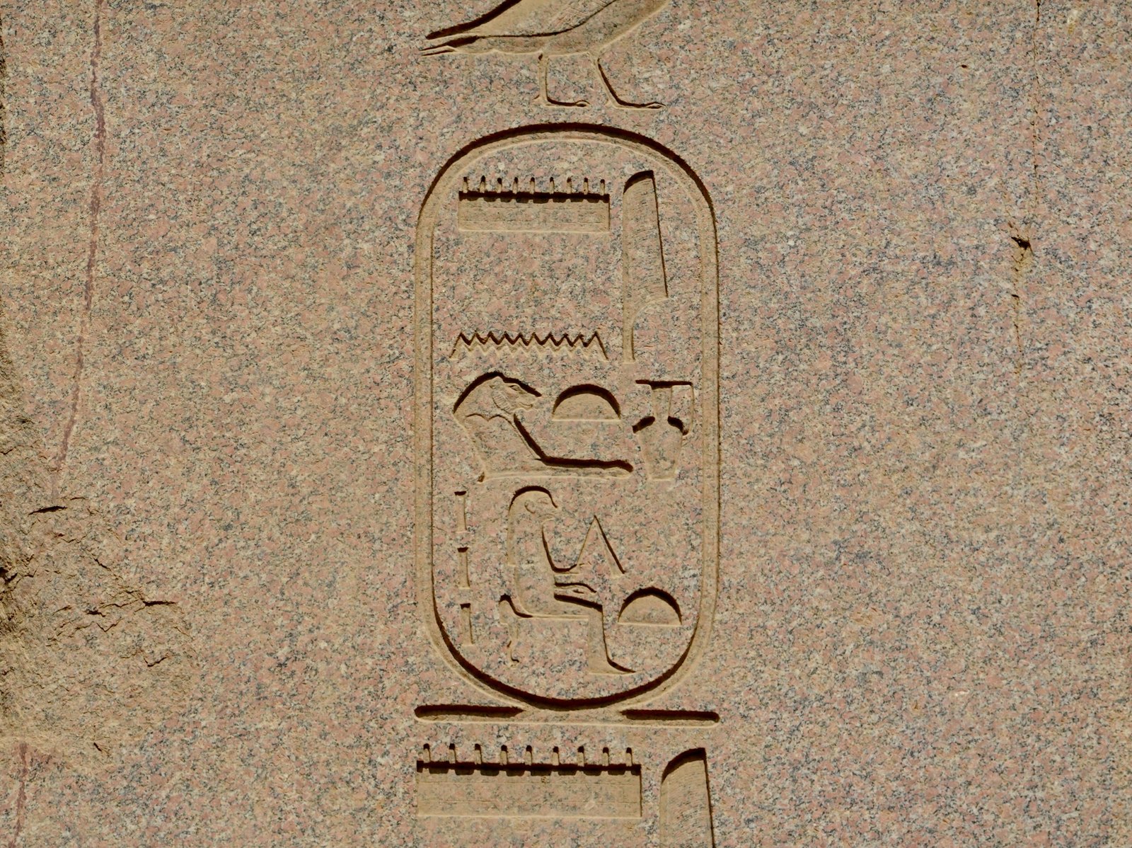 A royal cartouche of Hatshepsut carved into the pink granite of her obelisk at Karnak