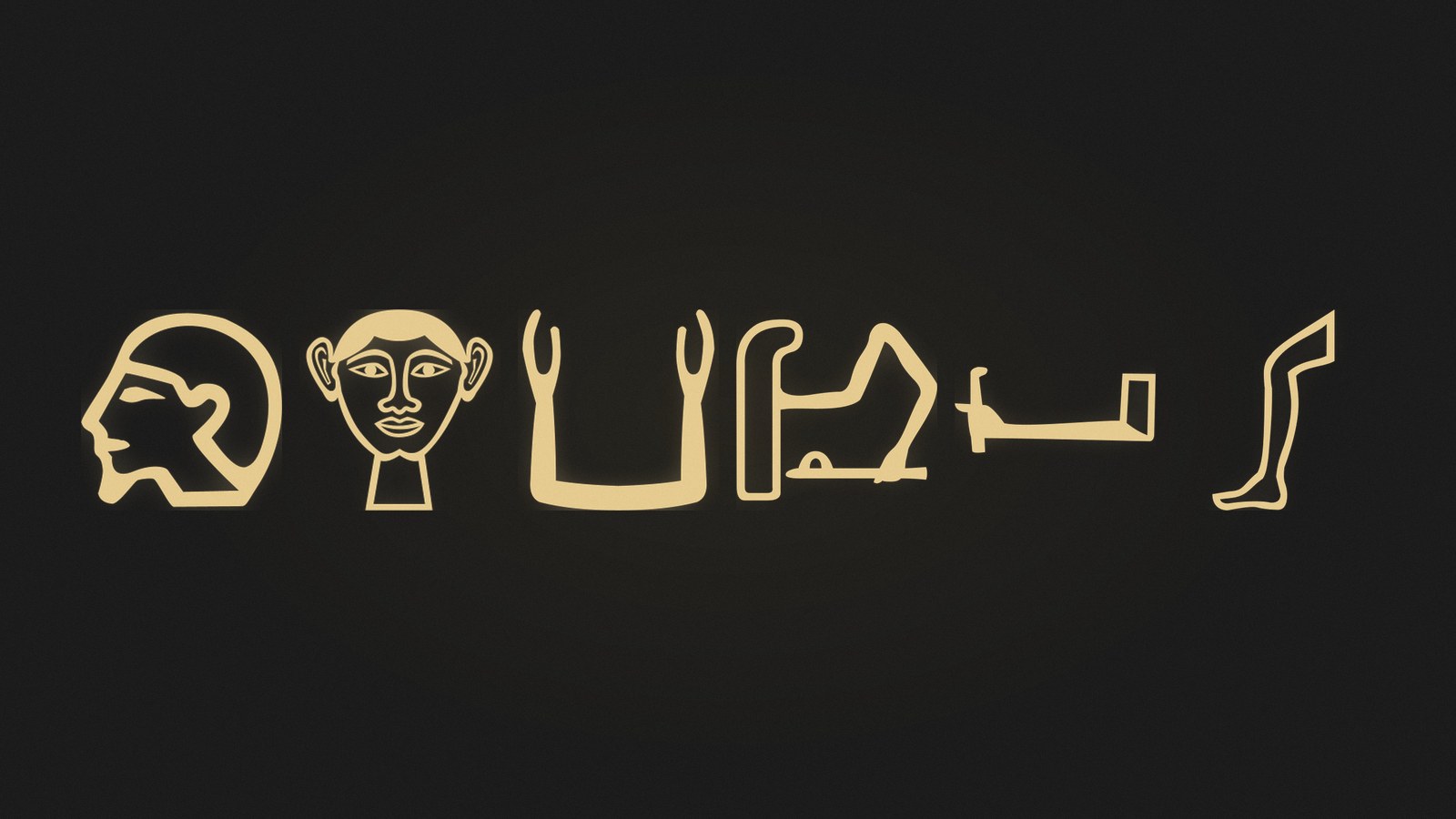 Six Egyptian hieroglyphs showing a head, a face, raised arms and a leg, rendered in gold