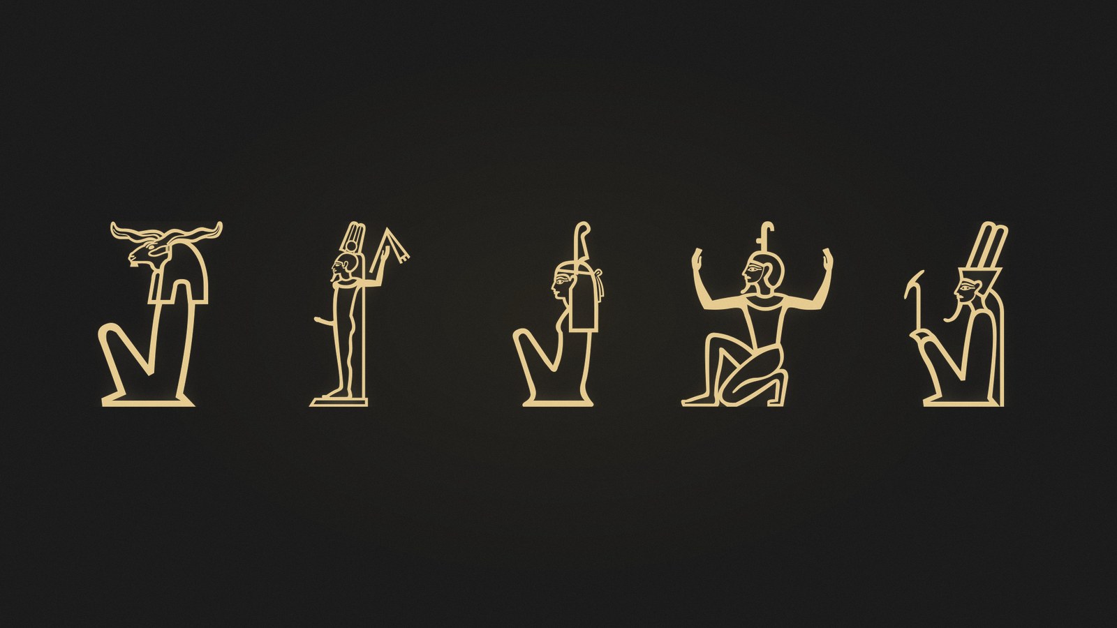 Five Egyptian hieroglyphs of deities including ram-headed and feather-crowned figures, rendered in gold