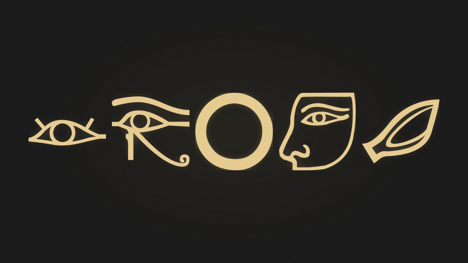 Five Egyptian hieroglyphs of eyes, a nose and an animal ear, rendered in gold
