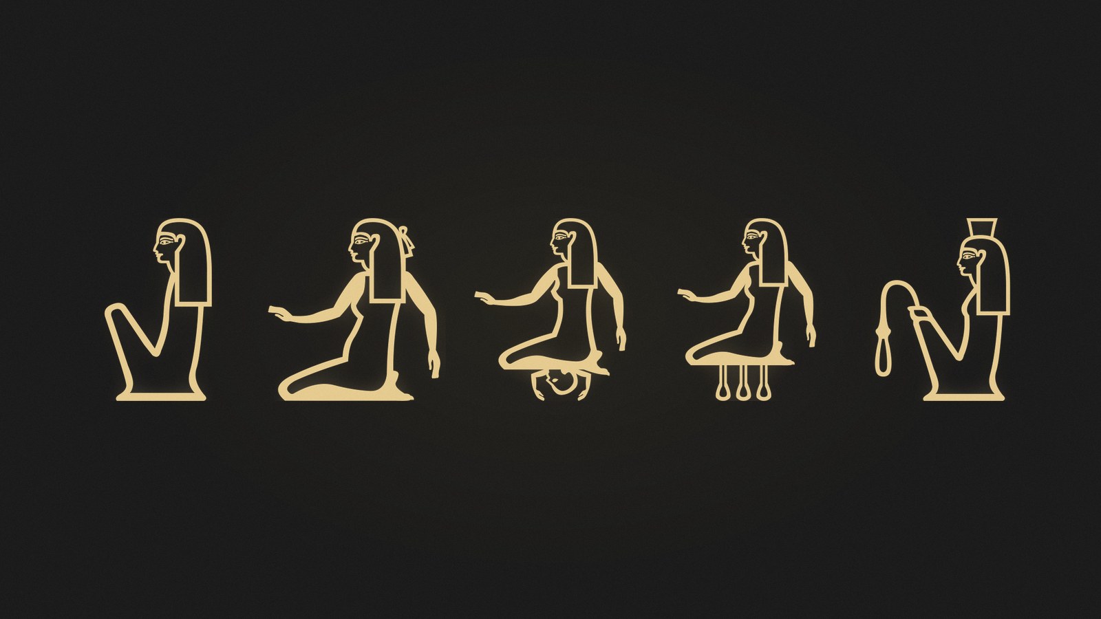 Five Egyptian hieroglyphs showing seated, pregnant, nursing and royal women, rendered in gold