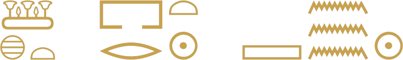 The three Egyptian seasons written in hieroglyphs: a pool with lotus flowers over a sieve and a loaf; a house plan over a mouth with a loaf and a sun; a pool, three ripples of water and a sun