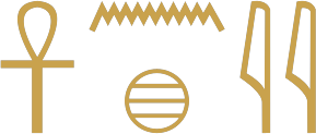 The Egyptian word living written in hieroglyphs: an ankh, the water sign over a placenta, and two reed leaves
