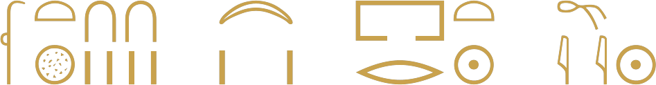 An Egyptian date written in hieroglyphs: the year group with two hobbles and four strokes, a crescent moon over two strokes, the season sign for winter, and the word for last day
