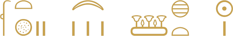 An Egyptian date written in hieroglyphs: a palm rib with a loaf and a round sign and two strokes, a crescent moon over three strokes, the season sign, and a sun over one stroke