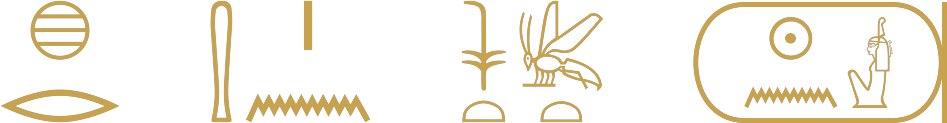 The Egyptian phrase under the Majesty of the king written in hieroglyphs, ending with a sedge and a bee and a cartouche containing a sun, a ripple of water and a seated goddess with a feather