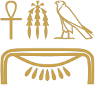 The golden Horus name of Sesostris I written in hieroglyphs: an ankh, three fox skins and a falcon standing on the broad collar sign for gold
