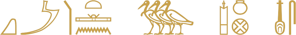 The Egyptian phrase one whose beauty the souls of Heliopolis created written in hieroglyphs: slope, sickle, throw-stick, loaf, papyrus roll, water, three birds, pillar, pot, town, heart, cloth