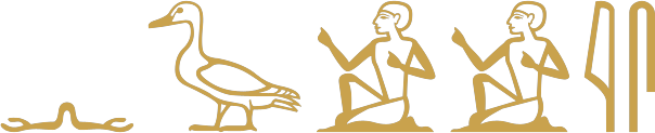 The Egyptian sentence he is not my son written in hieroglyphs: the negative n, a pintail duck for son, two seated men, a reed leaf and a folded cloth