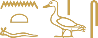 The Egyptian sentence he is her son written in hieroglyphs: the pronoun ntf, a pintail duck for son, and a folded cloth for her