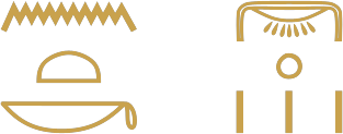 The Egyptian sentence gold belongs to you written in hieroglyphs: water over a loaf over a basket, then the gold collar over a grain and three strokes