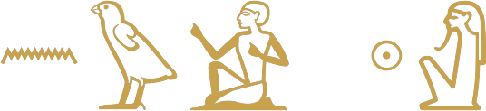 The Egyptian sentence I belong to Re written in hieroglyphs: the water sign for n, a quail chick and a seated man, then a sun disc and a seated god