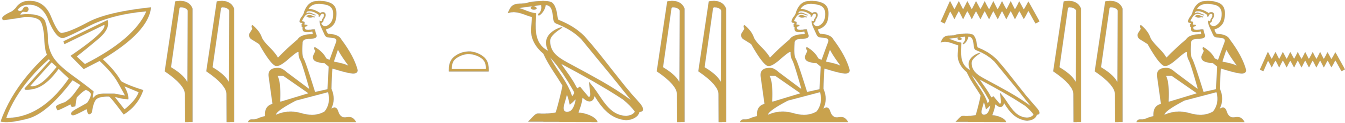 Three Egyptian words for my in hieroglyphs: a flying duck, reed leaves and seated man; a loaf, vulture, reed leaves and seated man; water over a vulture, reed leaves, a seated man and water