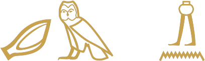 The Egyptian words hear and bring written in hieroglyphs: an ear and an owl, then a pot on walking legs over a ripple of water