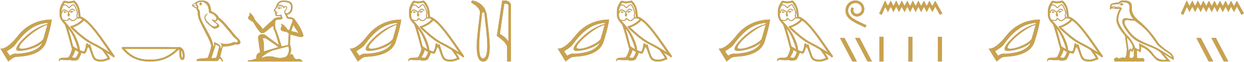 The Egyptian verb hear in five forms, an ear and an owl with each ending: a basket, chick and seated man; a pestle and reed leaf; none; a coil, strokes and water; a vulture, water and strokes